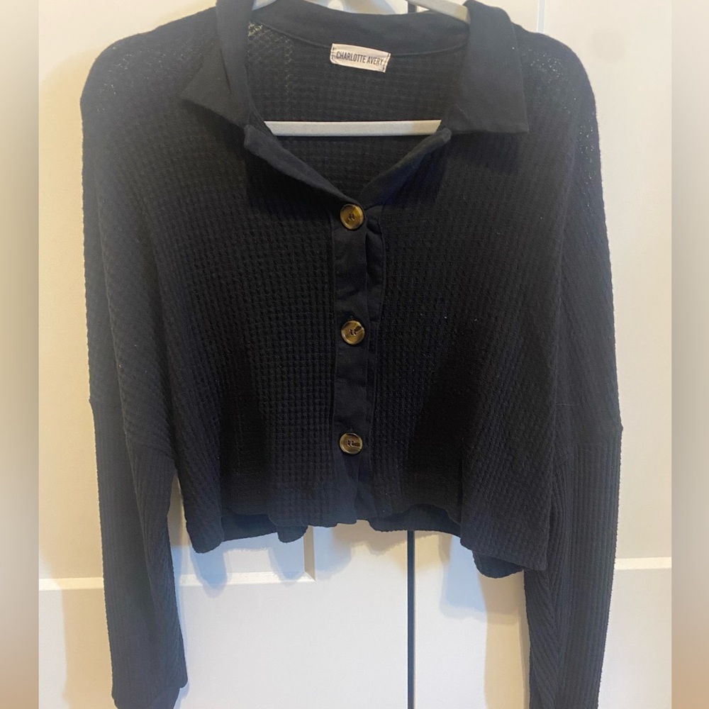 Black Button-Up Women's Waffle Knit Sweater